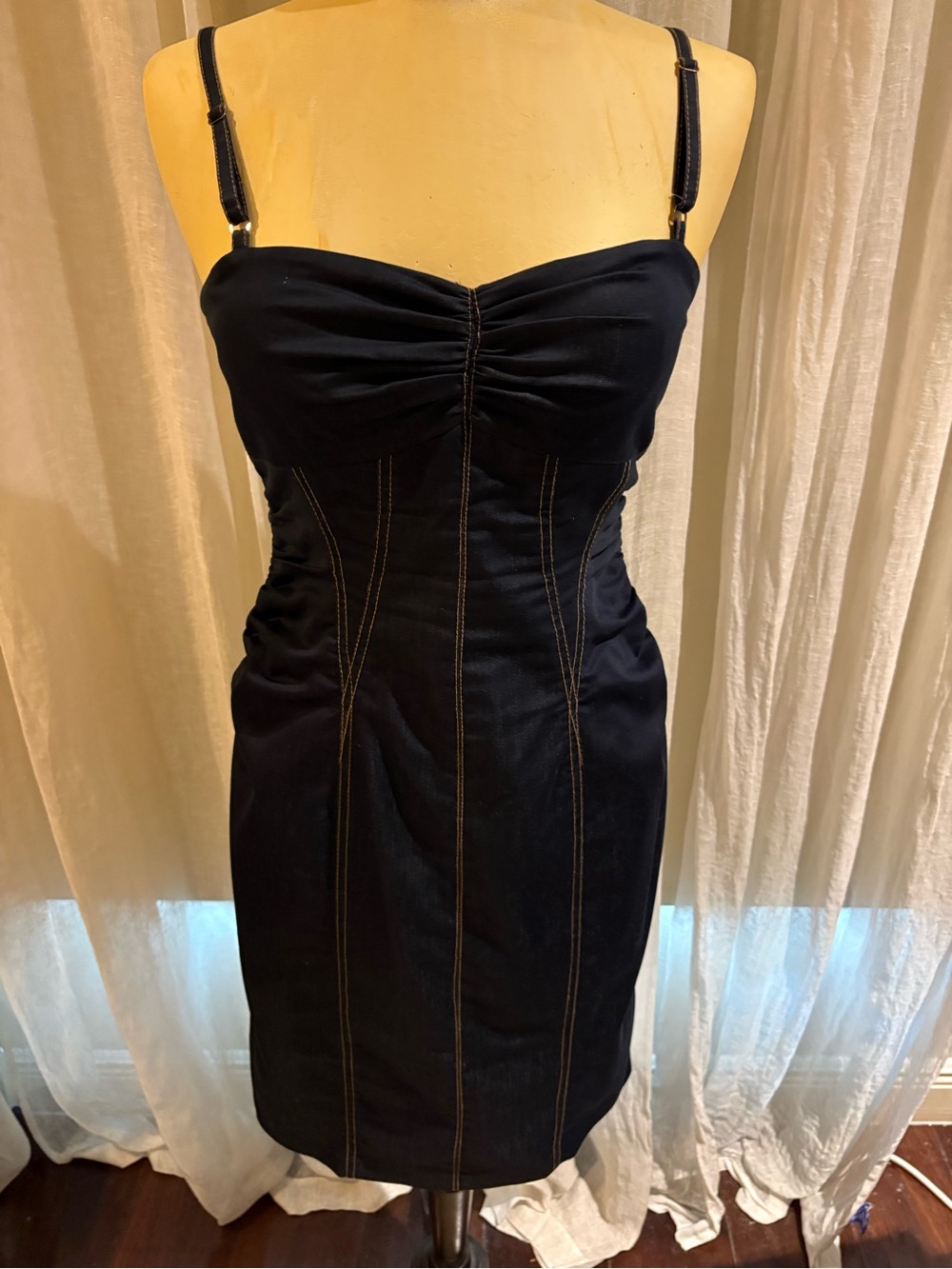 Cache Navy Denim Ruched Sheath Dress with Contrast Stitching